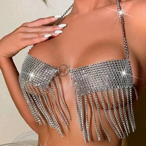 Women Sexy Sparkly Rhinestone Metal Chain Halter Top and Skirt Bodysuit  2 Piece - Picture 9 of 13